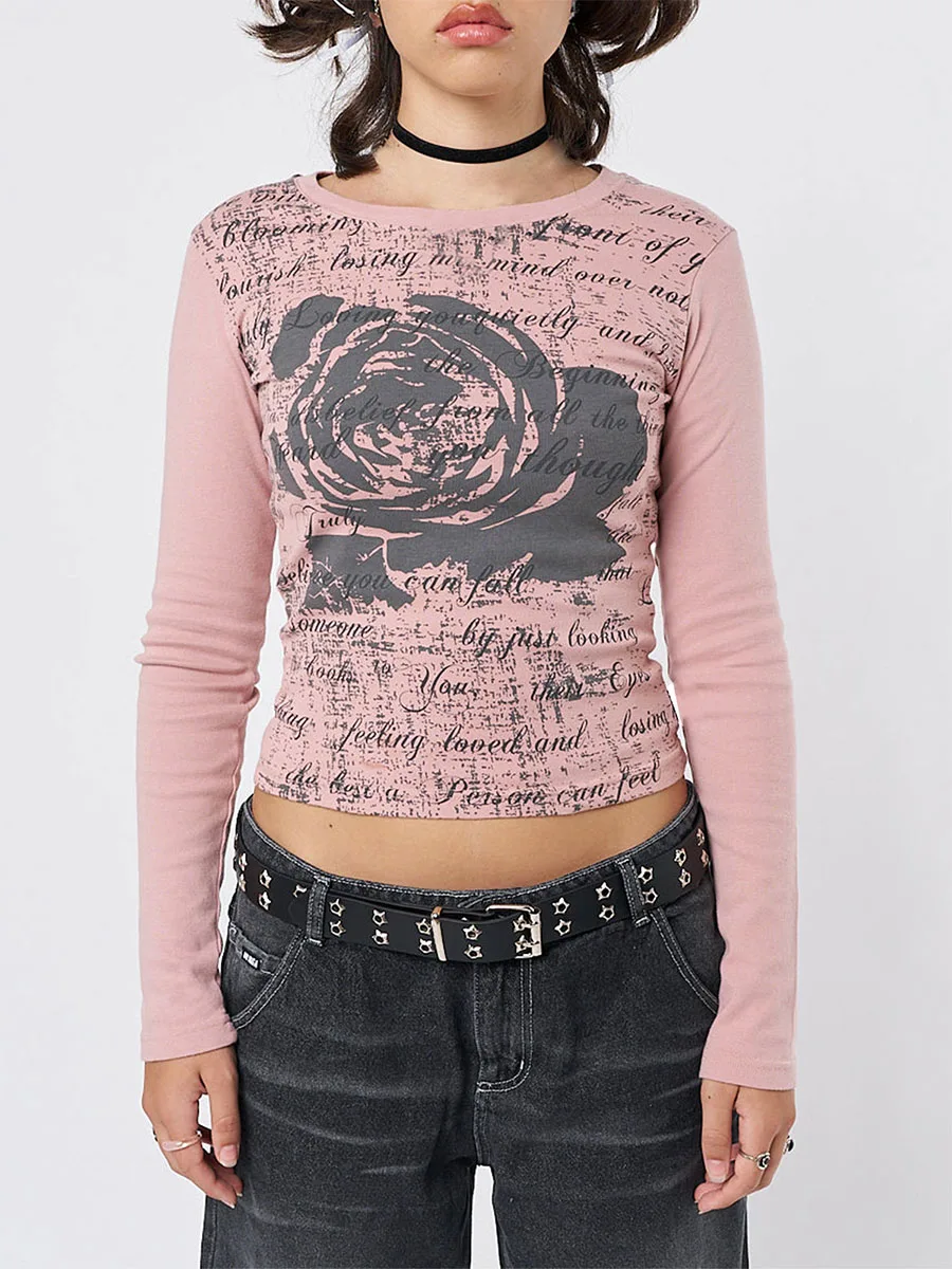 

Women's Spring Summer Fitted Short Gothic Vintage Top Long Sleeve Crew Neck Graphic Print Slim Fit T-Shirt Pink Red