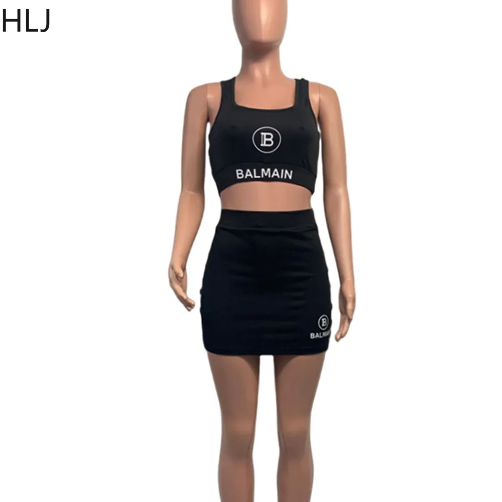 HLJ Summer Letter Printing Sporty Shorty Sets Women Strap Sleeveless Crop Vest + Skirts Two Piece Tracksuits Female 2pcs Outfits