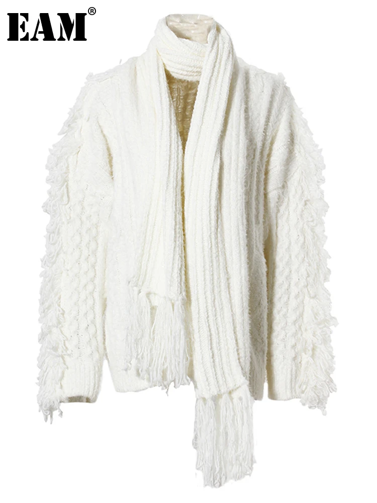 

[EAM]White Tassels With Scarf Big Size Knitting Cardigan Sweater V-Neck Long Sleeve Women New Fashion Spring Autumn 2024 1DH3899
