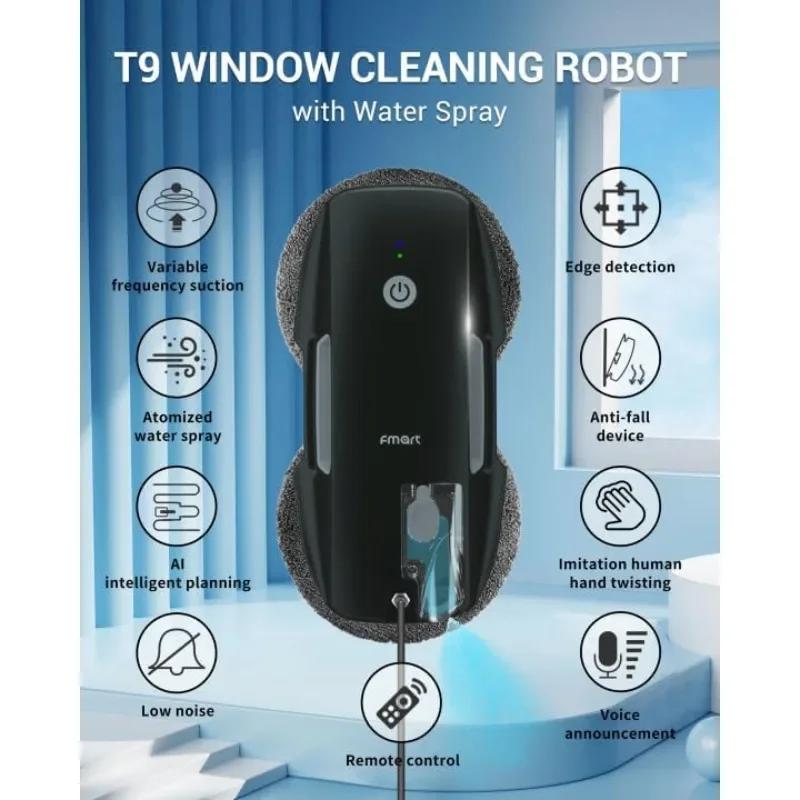 FMART T9 Pro Window Cleaning Robot - 3800PA, Ultrasonic Water Spray, AI Path Planning, AI Edge Detection Window Cleaner Robot 2
