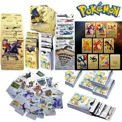 Boîte à cartes pokémon en métal doré, 54 pièces, lettres dorées, espagnol, cartes de jeu, Metalicas Charizard Vmax Gx Collection, étui à cartes, jouet 