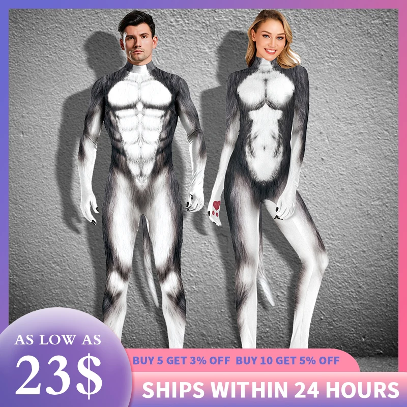 

[You're My Secret] Adult Cosplay Costumes 3D Wolf Husky Animal Print Bodysuit Zentai Suits With Tail Women Men Body Sexy Petsuit