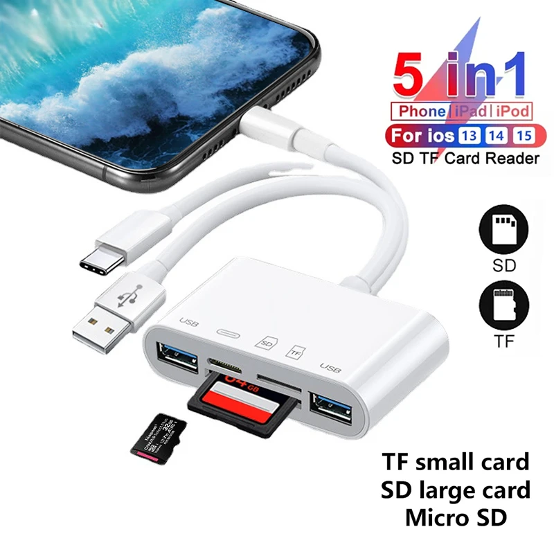5 in 1 USB-C Camera Adapter Multi Port Hub Converter Type-C To USB A OTG Adapter TF SD Memory Card Reader for Android Laptop