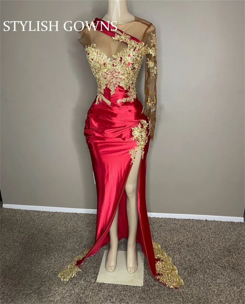 

Red Sheer O Neck Evening Dresses Appliques Birthday Party Gown Mermaid Prom Robe De Soiree High Slit Celebrity Vestidos Fiesta