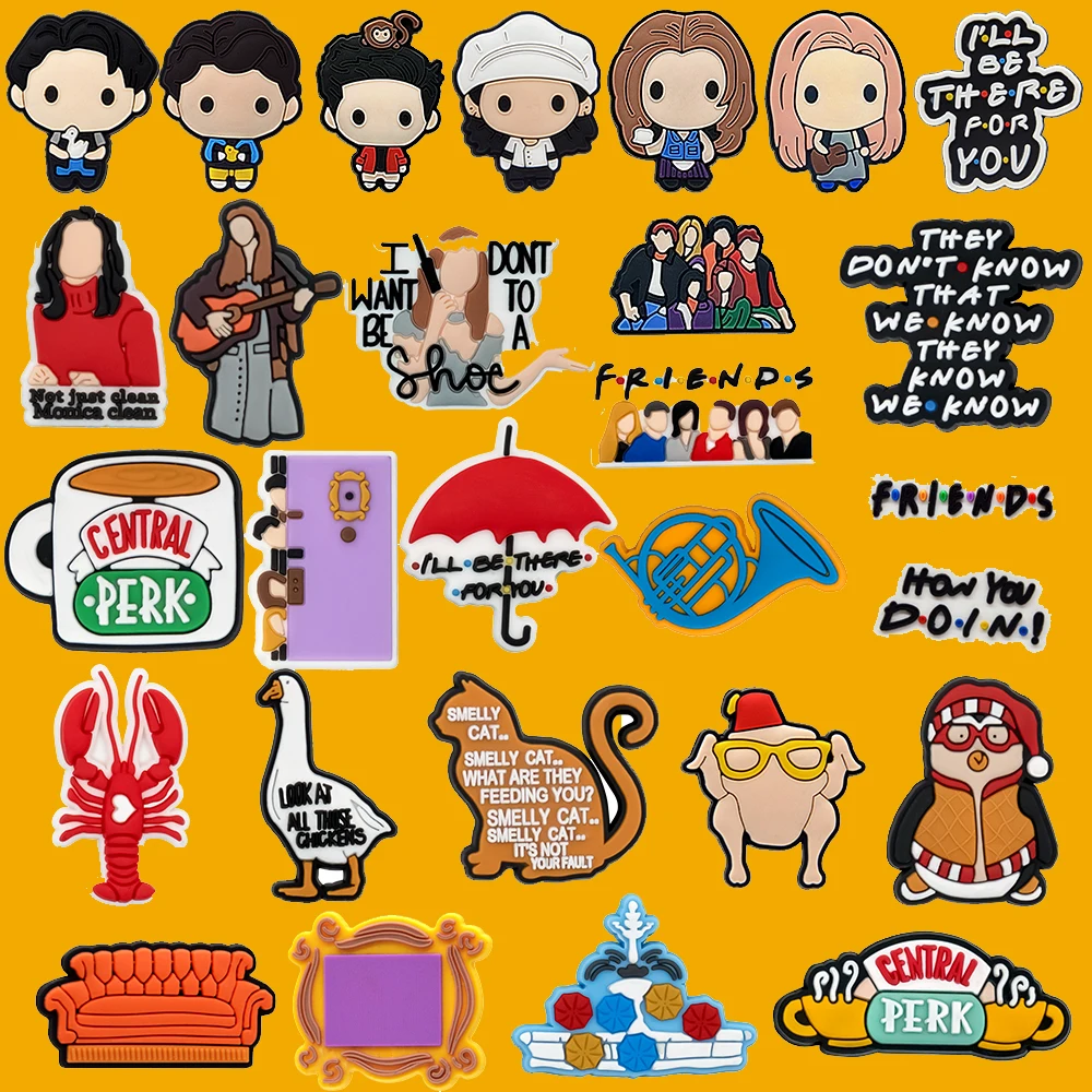 28pcs Friends TV show-themed shoe charms featuring characters, Central Perk, quotes, Smelly Cat, and sitcom props for clogs or gifts