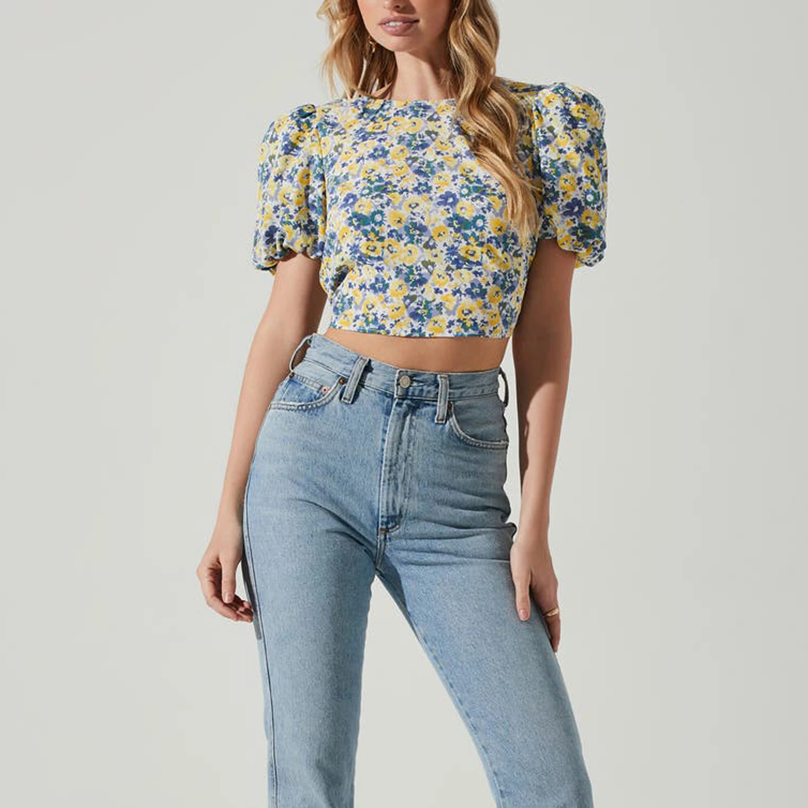 

Summer Women's Fashion Crop Tops Floral Print Short Puff Sleeve Crewneck Tie Backless T-shirt Streetwear