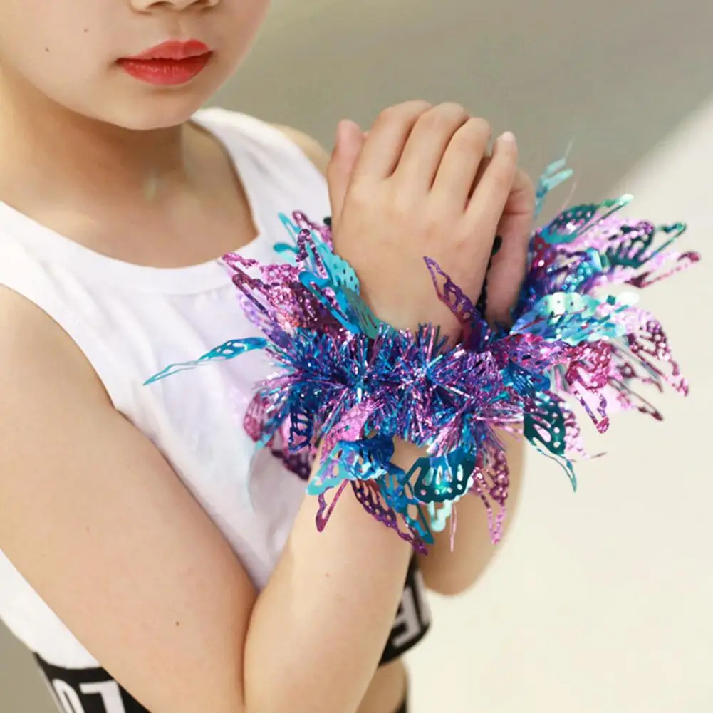 Kids Dance Wrist Flower Butterflies Decor Elastic Rubber Band Wristband Pom Poms Children Performance Party Wear Accessory