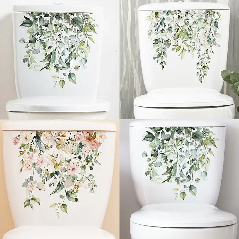 Fresh Green Plant Leaves Bathroom Toilet Stickers Decorative Beautify Home Remodeling Wall Stickers Self-adhesive Decals