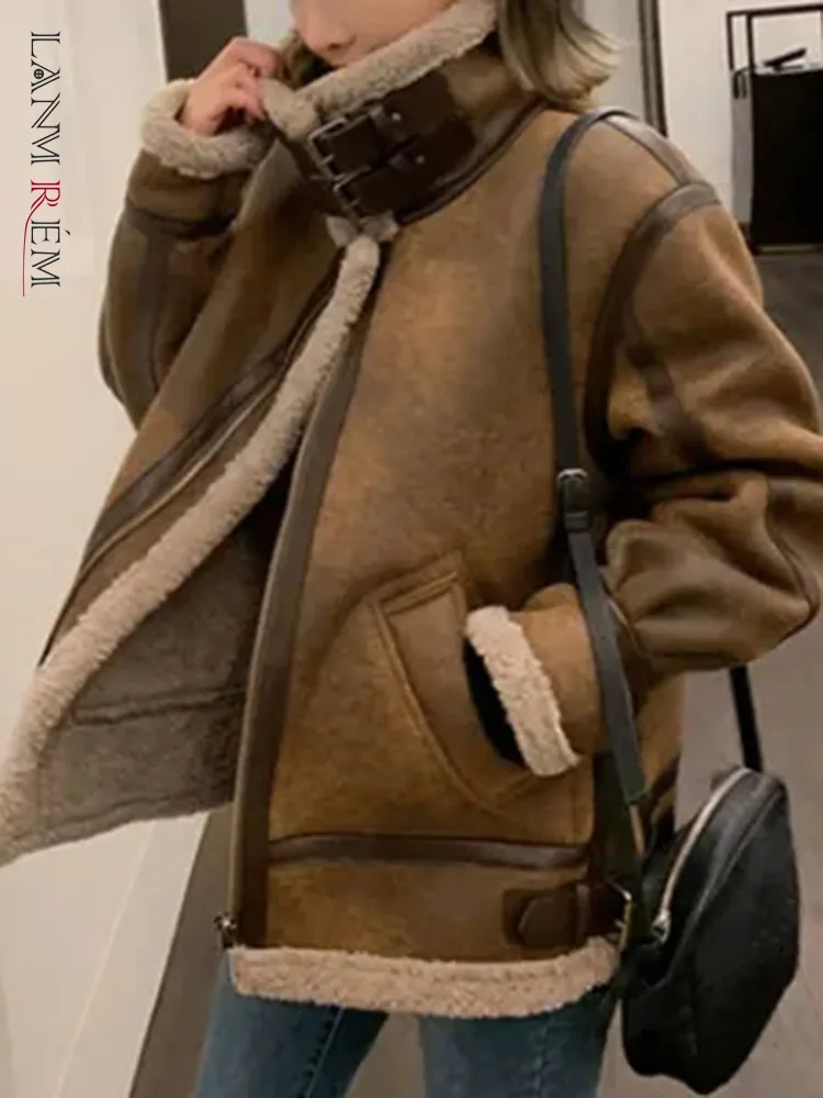 

LANMREM Retro Woolen Jackets Women Leather Spliced Contrast Color Stand Collar Coat Streetwear 2023 Autumn Winter New 2AA2100