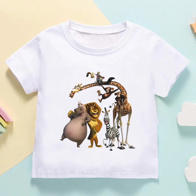 

Hot Sale Animals Of Madagascar Lion Zebra Giraffe Print Kids T shirt Girls Summer Tops Baby Boys Clothes Funny Children T-shirt