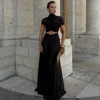New Ruched Irregular Mesh Dress Women Patchwork High Neck Short Sleeve Hollow Out Long Dresses Female Party Maxi Dresses Outfits - Image 4