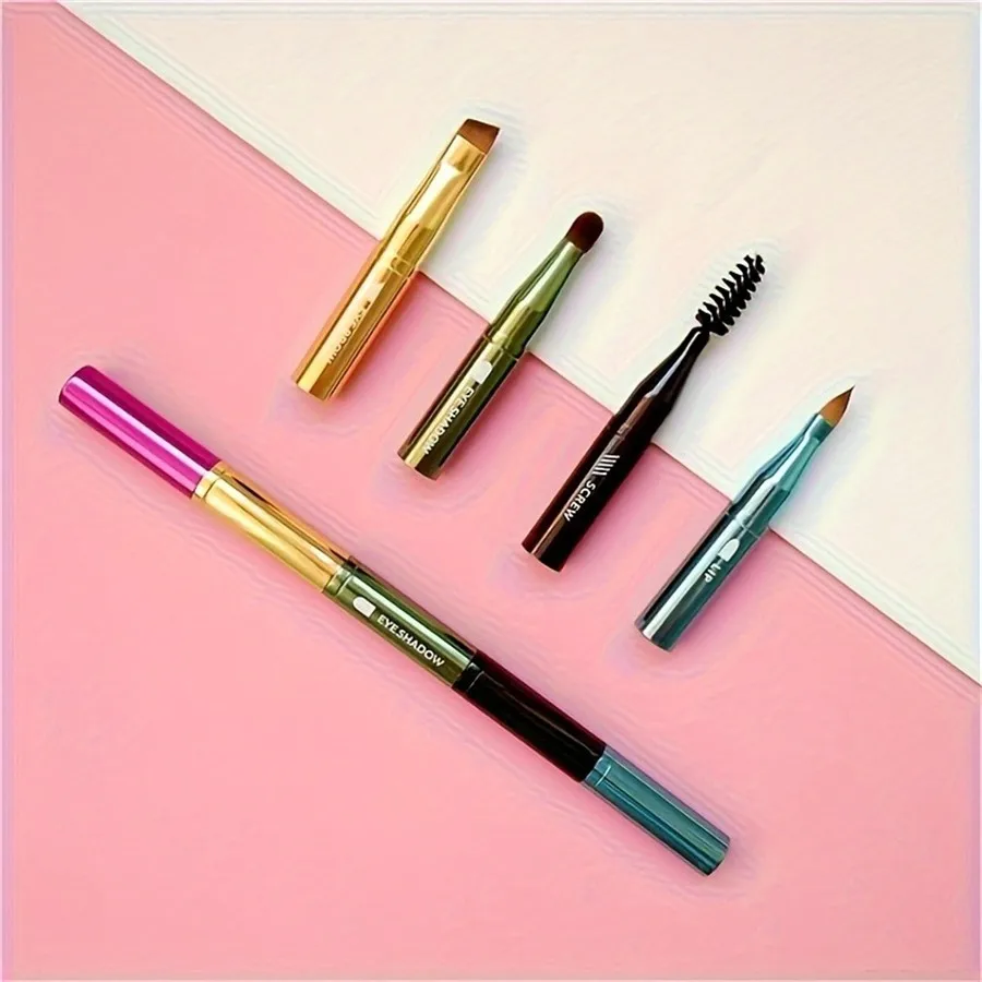 4-in-1 Portable Makeup Brush Set, Metal Handle Eyebrow & Lip Brushes with Eyelash And Eyeshadow Applicators, Travel-Friendly