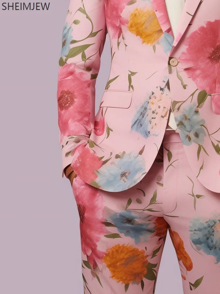 Fashion Colorful Flower Slim Men Suit Plant 3d Printing Casual Wedding Valentine's Day Jacket Pants Party Performance Set