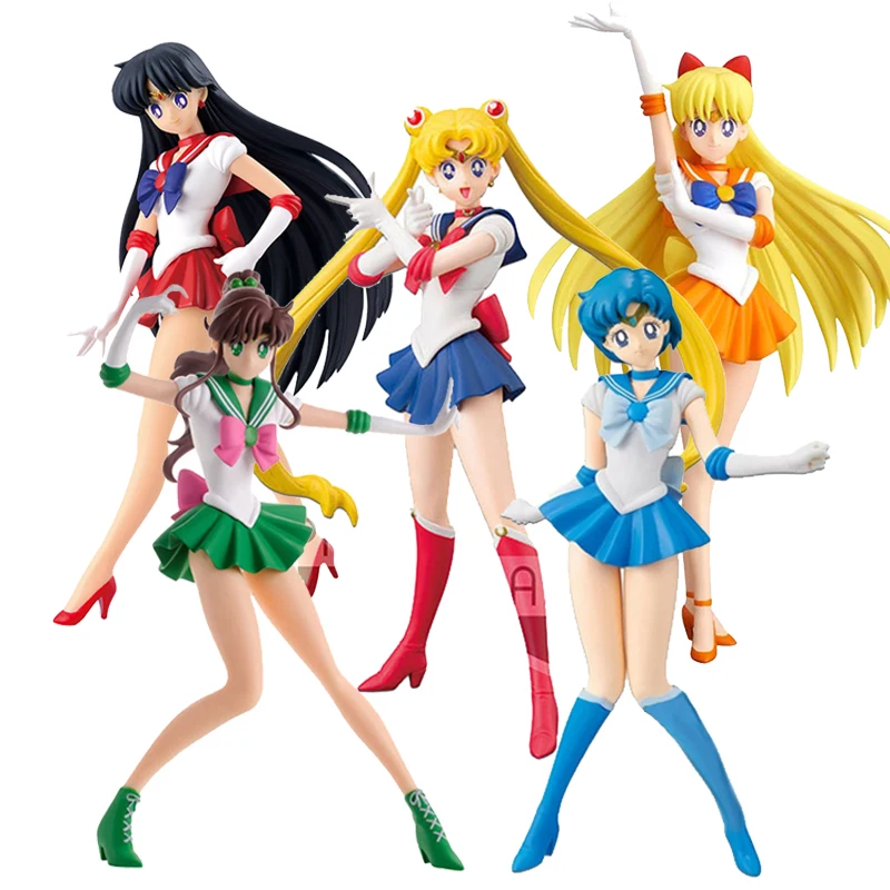 18CM Gril Anime Figure  Cartoon Sailor Moon Mercury Mars Jupiter Venus Standding Model Dolls Toy Gift Collect Box Ornaments PVC