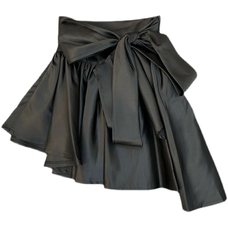 Irregular Skirt Women 2024 Spring Waist Big Bow Tie Pleated Puffy Jupe Femme Fashion Streetwear Ladies Clothes Black Mini