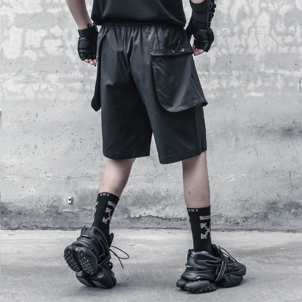 AOGZ Hip Hop Cargo Short Pants Men Streetwear Harajuku Pockets Knee Length Pants Trousers Loose Casual Shorts Elastic Waist