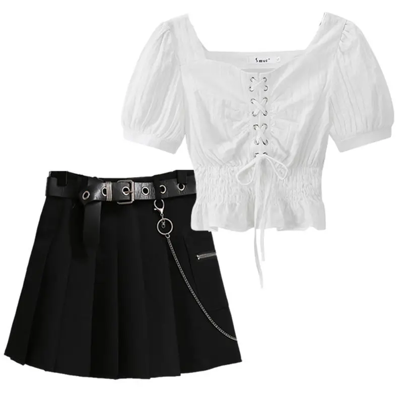 2024 New Large Women's Summer Set Women's Drawstring Slim Shirt Top High Waist Pleated Skirt Two Piece Set for Woman