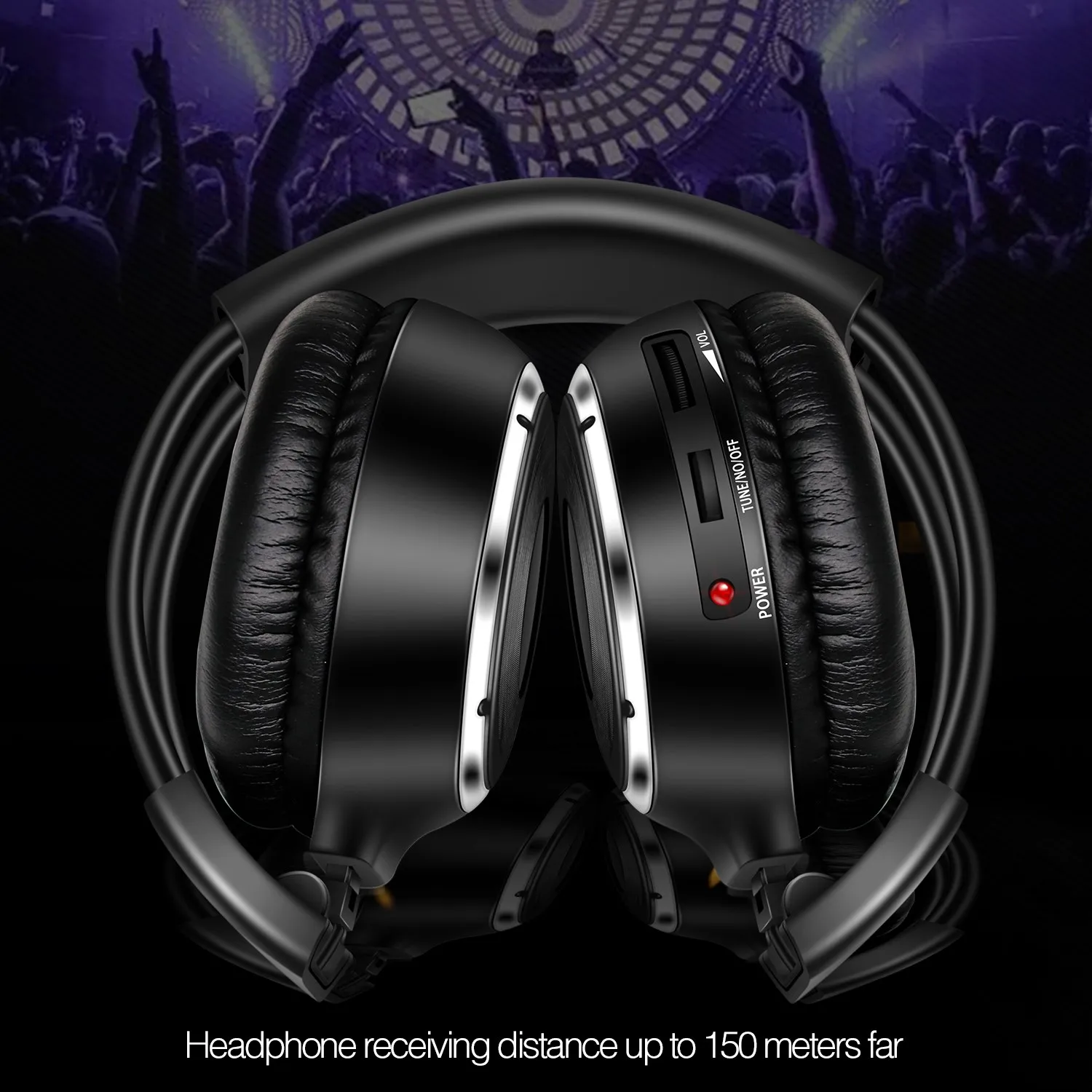 500m Silent Disco System Folding Wireless Headphones 2 Foldable Headset + 1 Transmitter Quiet Clubbing Party Bundle