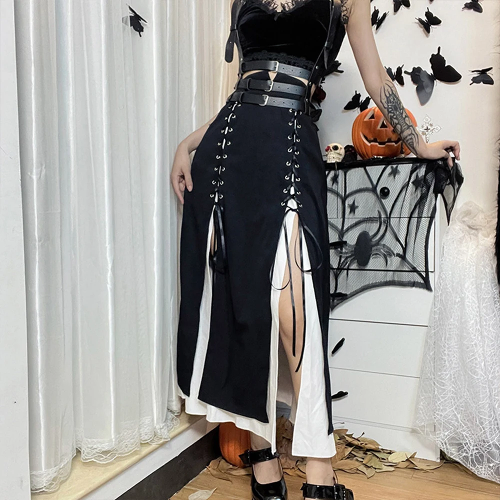 

High Waist Lace Up Split Sexy Goth Gothic Skirt WGS005 Women Party Steampunk Fairy Grunge Black White Long Skirts