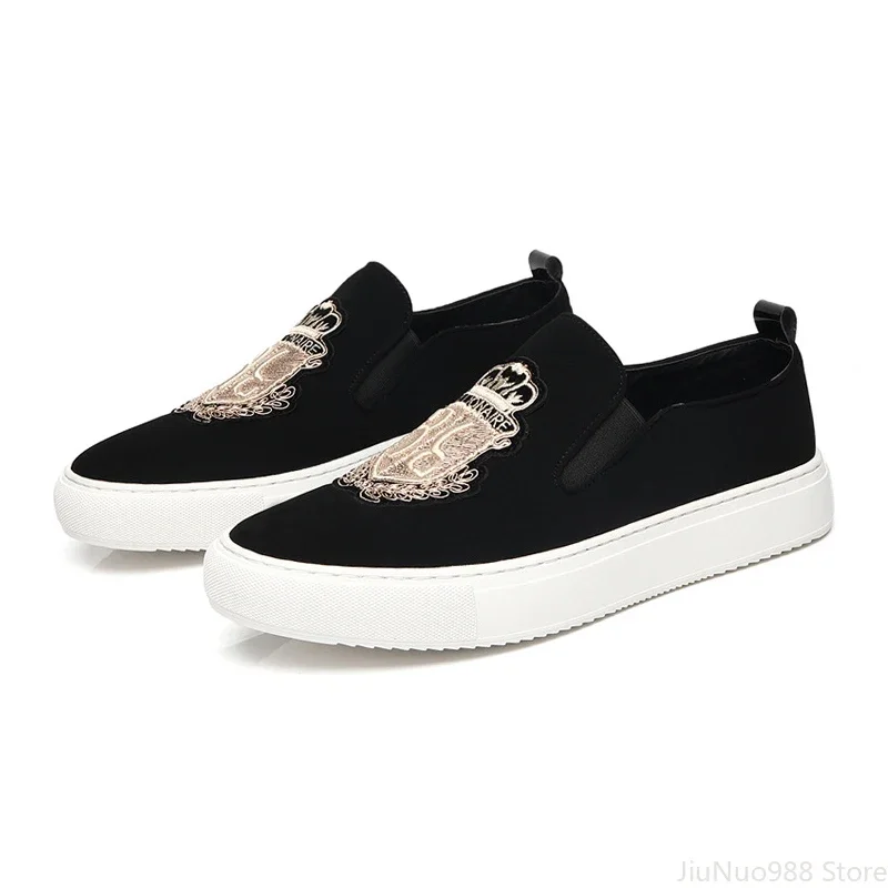 Brand New Men Casual Shoes Black Suede Leather Man Party Luxury Embroidery Flat Shoes Tide Slip-On Loafers 6