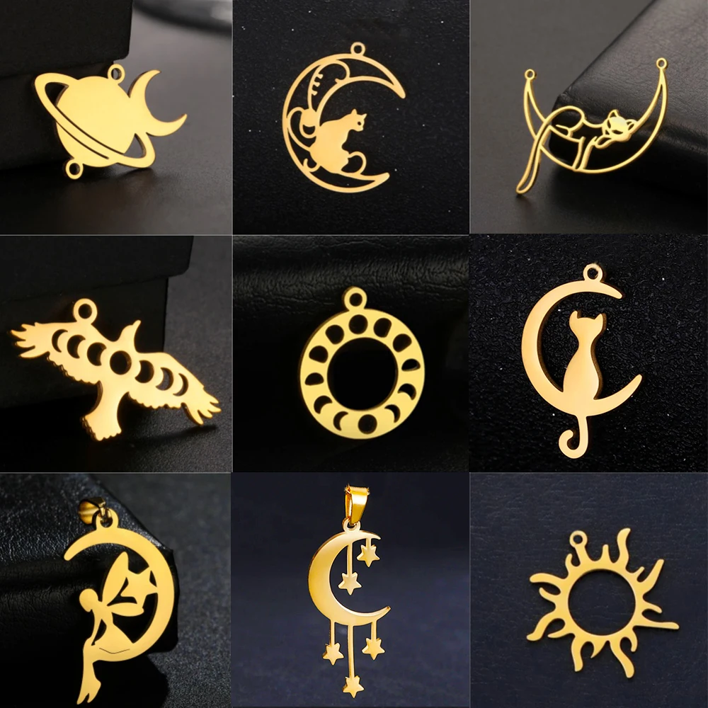 Orecchini pendenti da donna a forma di gatto e luna, a forma di stella, luna, gatto, in acciaio inox, idea regalo per compleanno o anniversario, Acciaio inossidabile, Nessuna pietra preziosa