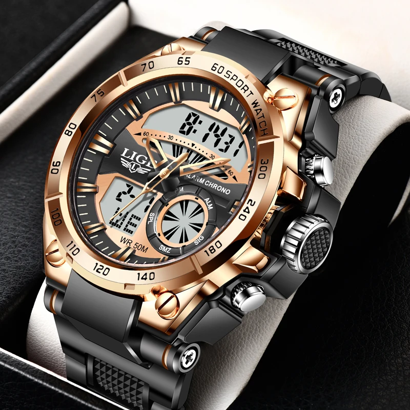 2023 LIGE New Digital Men Watch 50M Waterproof Fashion Wristwatch LED Quartz Clock Sport Watch for Men Military Watches Mens+Box