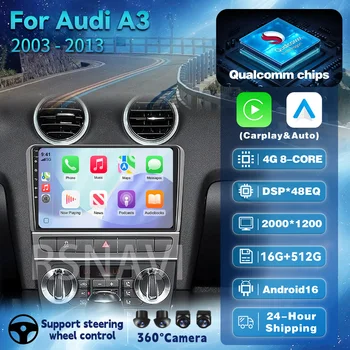 Autoradio Android 16 con Carplay, GPS, Navigazione e Lettore Multimediale per Audi A3 8P 2003-2013, Unità di Controllo 2din con Video e Stereo