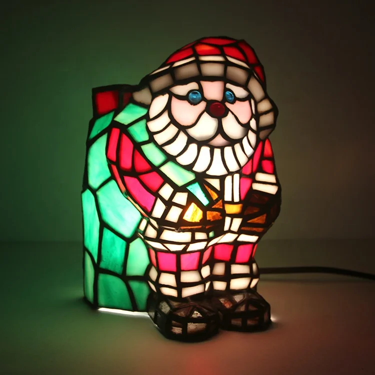 

LongHuiJing Tiffany Style Christmas Stained Glass Bobble Head Santa Lighted Table Lamp