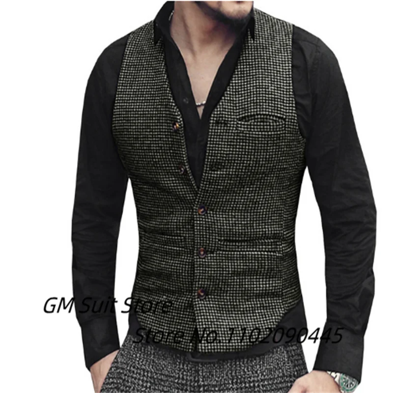 Brown Tweed Suit Vest Handsome Men's2022 Casual Punk Vest Slim Fit Black Satin Back Single Breasted Men's Business Groom Wedding