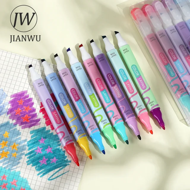 JIANWU 8 Pcs/set Color Stacking Doubleended Highlighter Set Marker Pen