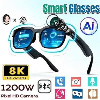Occhiali Smart AI con Fotocamera HD 8MP, Riprese 8K, Traduzione AI in Tempo Reale, Auricolari Bluetooth 6.0, Registrazione Chiamate e Musica