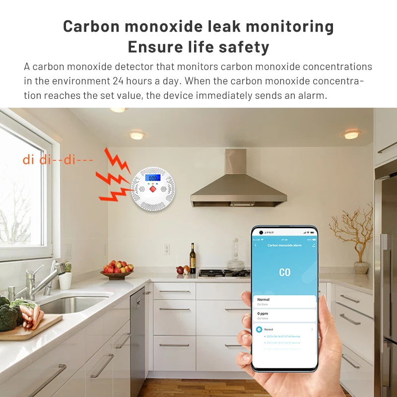 Carbon Monoxide Alarm Carbon Monoxide Detector Tuya WiFi Smart Carbon Monoxide Detector Alarm 85dB Sound Warning LCD Digital Display Indoor home Security CO Poisoning Siren