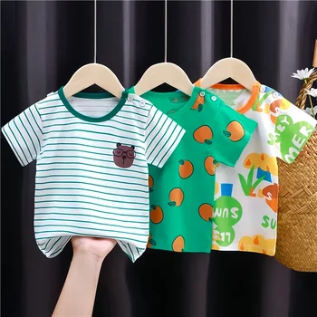 Summer Cartoon T-shirt for Kids 2025 Animal Printing Dinosaur Cat Design Boys Girls Striped Tops Tees Baby Clothes 1