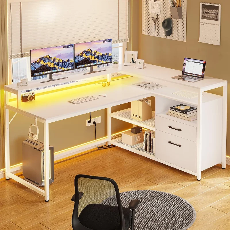 White Computer Desk with Drawers,  File Drawer and Storage Shelves, L Shaped Gaming Desk with LED Lights and Monitor Shelf