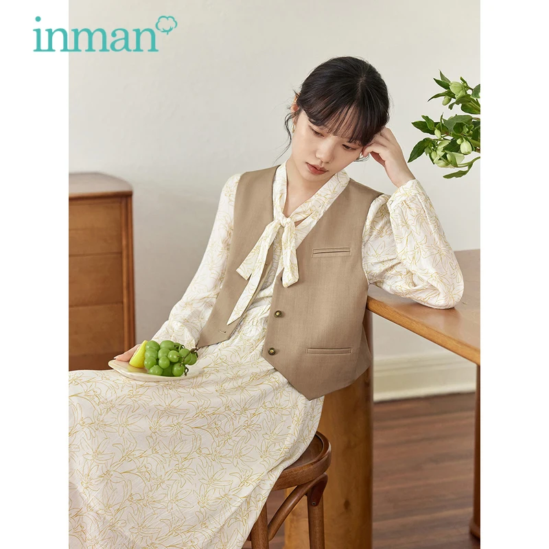 INMAN Women Vest Coat 2023 Autumn Sleeveless V Neck Loose Jacket French Commuting Elegant Coffee Outwear Tops
