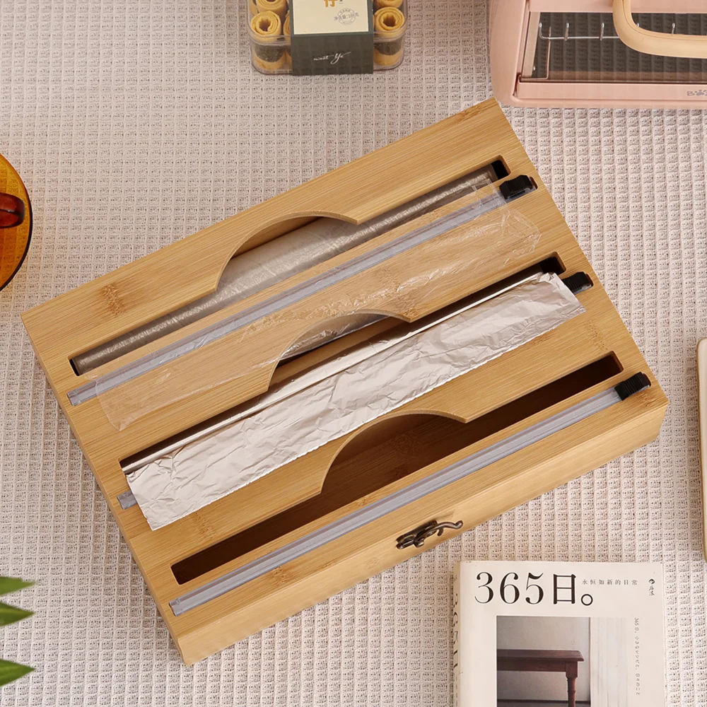 Food Film Dispenser Cling Wrap Dispenser Kitchen Wrap Dispenser Plastic Wrap Dispenser 3 In 1 Bamboo Wrap Dispenser Storage For Aluminum Foil With Cutter Cling Film Holder Kitchen Accessories Organizer