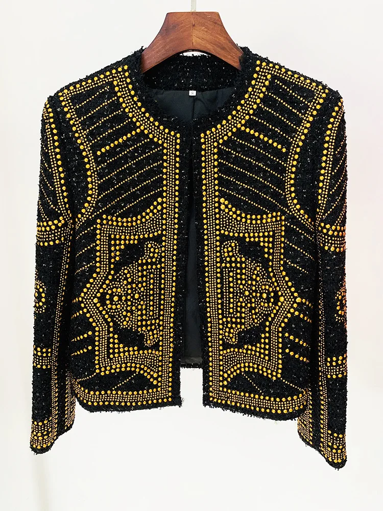 

Europe Style Spring Autumn Women's High Quality Sequined Tweed Beandind Jackets Coat F234