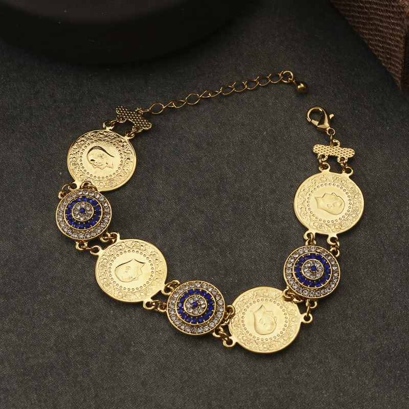 Turkish Coin Bracelet Ladies Blue Eyes Crystal Pendant Dubai Middle East Charm Bracelet Ladies Jewelry Wedding Gift
