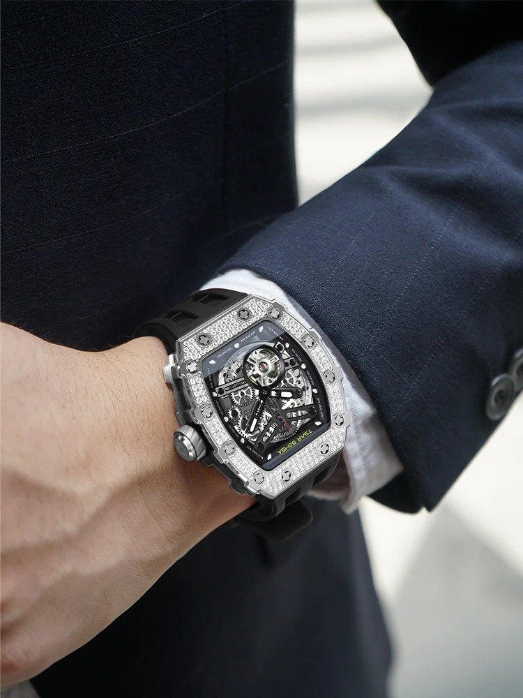 TSAR BOMBA Watches for Men Diamond Automatic Watches Luxury Mens Mechanical Watch White Wristwatch Waterproof Skeleton Clock 6