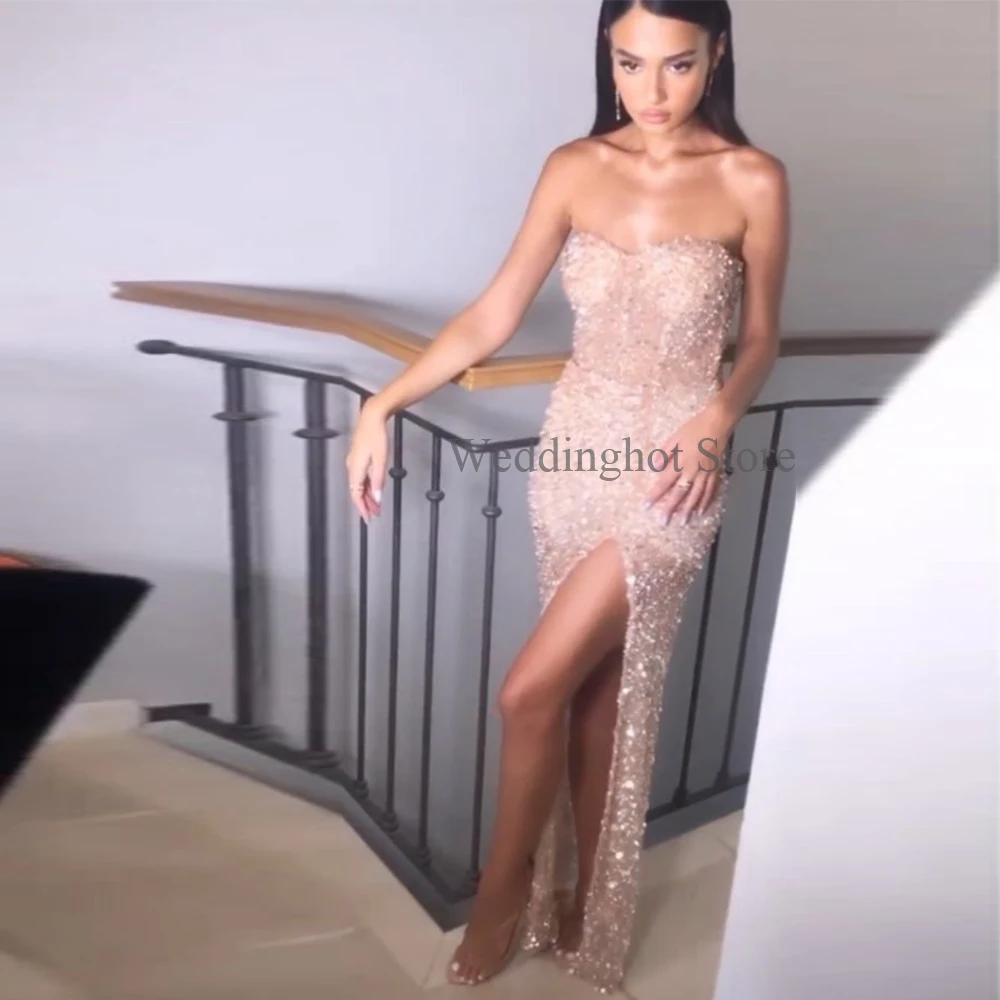 Women Prom Dresses Sweetheart Sleeveless Sexy Long Thigh Slit Backless Strapless