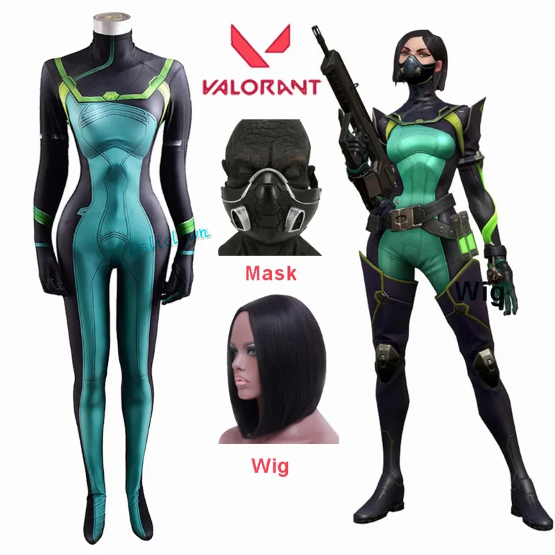 

Game VALORANT Cosplay Viper Bodysuit Women Girls Snake Sabine Assasin Viper Cosplay Halloween Costume Wig Jumpsuit Mask Suit