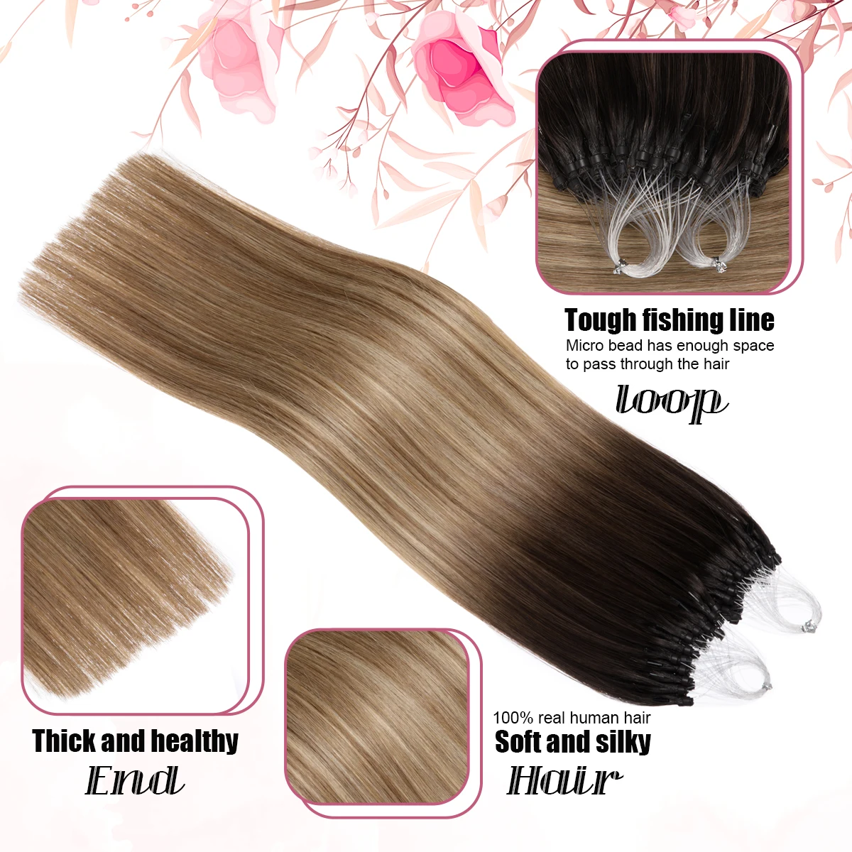Micro Ring Highlights Hair Extensions 50g Micro Bead Human Hair #3/8/22 Brown Blonde Loop Human Extensions 1g/s