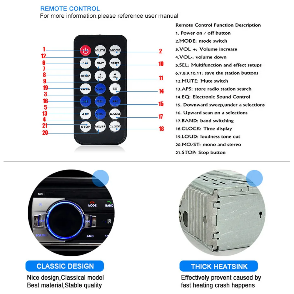 Hikity Autoradio Bluetooth 5.1 Main Libres Lecteur Multimédia 1 Din mit  USB/AUX/EQ/RCA Audio Output FM Lecteur MP3 Poste Radio Voiture Récepteur  avec Télécommande : : High-Tech