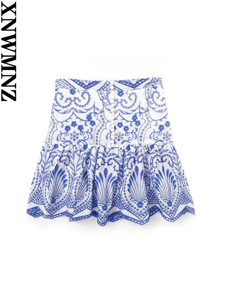 

XNWMNZ 2023 Women Fashion Embroidery Mini Skirt Woman Vintage High Waist Side Zipper Ruffled Hem Female Chic Skirt