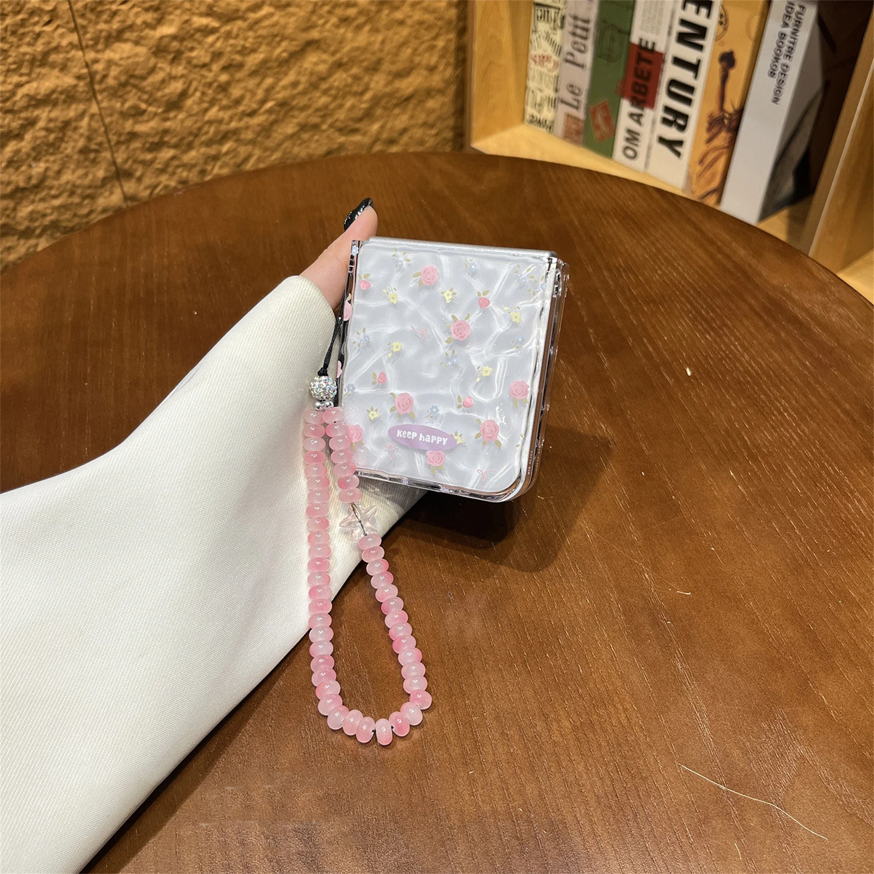 Korean Floral Flowers Transparent Phone Case with Pink Bead Chain