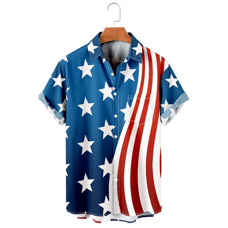 2023 Hot men's shirts American flag print Independence Day short sleeve button cardigan casual quick drying men's coat