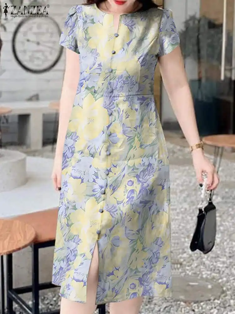 

ZANZEA Women Oversized Summer Floral Print Midi Dress Holiday Short Sleeve Sundress 2024 Fashion New Slit Vestidos V-neck Dress