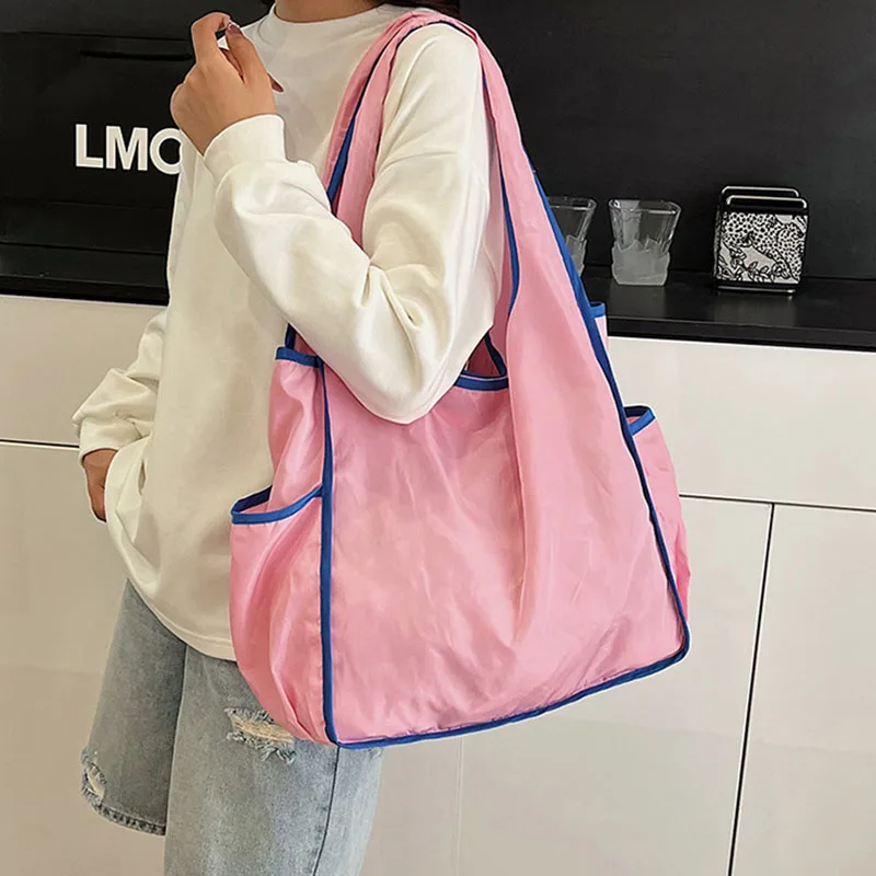 Large Capacity Shopping Bag Eco-Friendly Bag Solid Color Contrasting Retro Foldable Portable Shoulder Bag Polyester Tote Bag