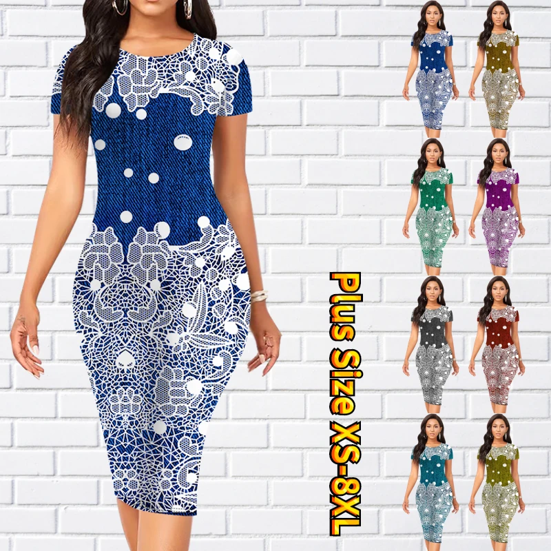 

2023 Fashion Slim Fit Print Dress Summer Round Neck Short Sleeve Casual Dress Women's Dress New Fashion Over Knee Dress