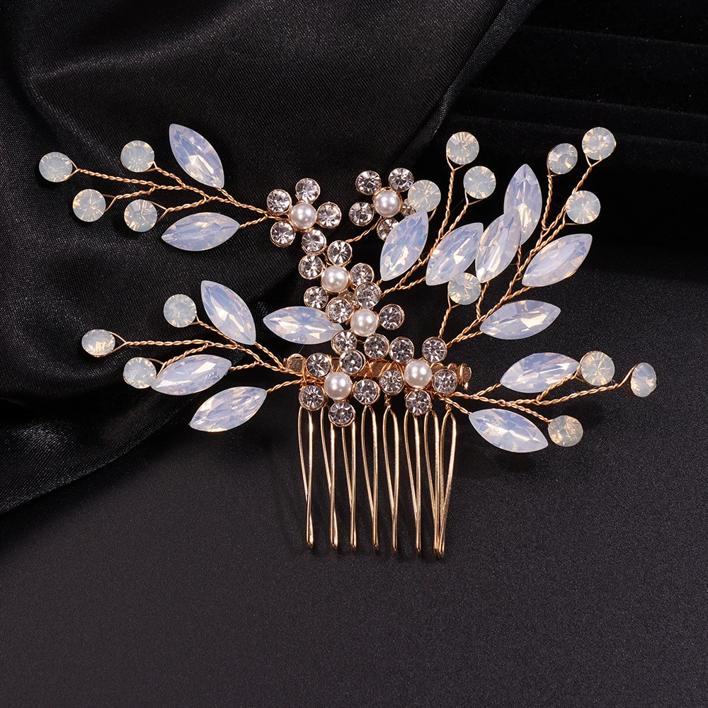 Handmade Wedding Opal Rhinestones Flower Hair Comb Clip Bridal Hair Comb Piece Gold Accessories for Brides Wedding